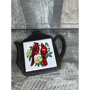 Cast Iron & Ceramic Tile Trivet Or Wall Decor  Hand Painted Cardinal Vintage